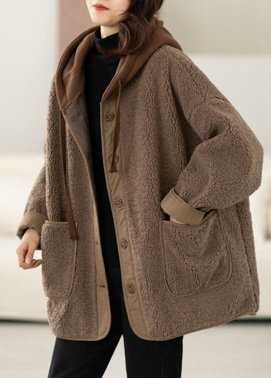 Boho Coffee Patchwork Button Thick Faux Fur Hooded Coats Winter