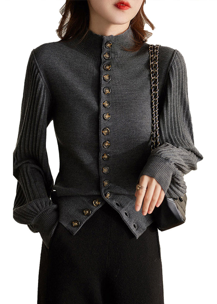 Elegant Grey Stand Collar Button Knit Top Lantern Sleeve