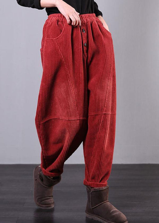 Modern Red Women Pants Oversize Fall Corduroy Pockets Cotton Casual Pants - SooLinen